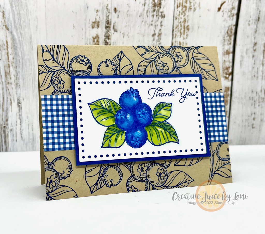 Blueberry Bunches Thank You Card colored with Stampin' Blends on crumb cake and gingham Designer Series Paper