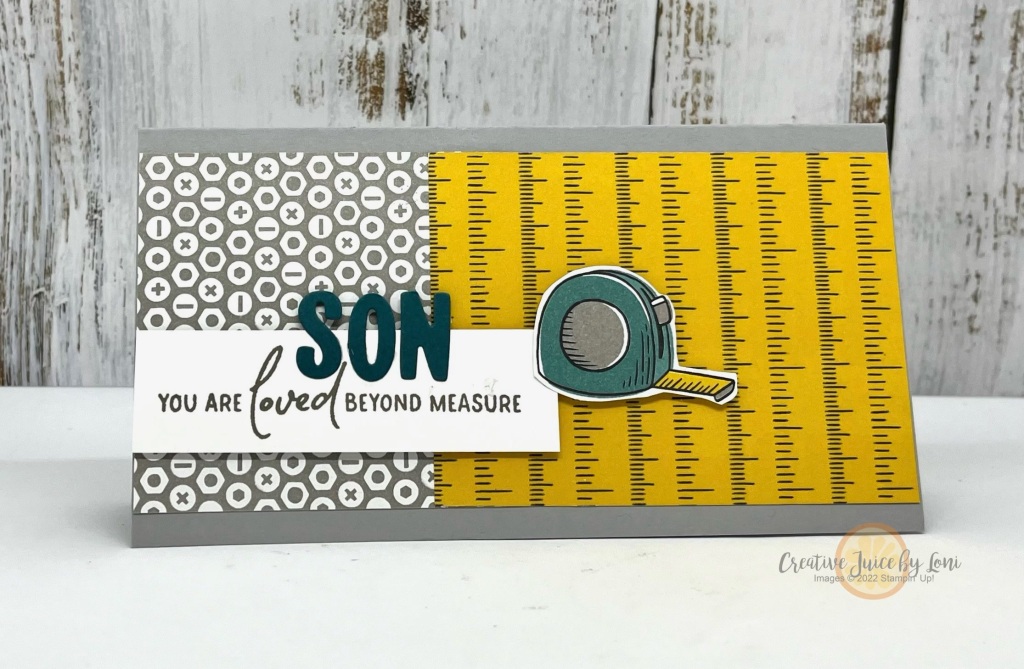 Son Loved Beyond Measure Card with Trusty Toolbox Designer Series Paper and Perennial Postage stamp set, with a measuring tape and ruler background. Supplies from Stampin' Up!